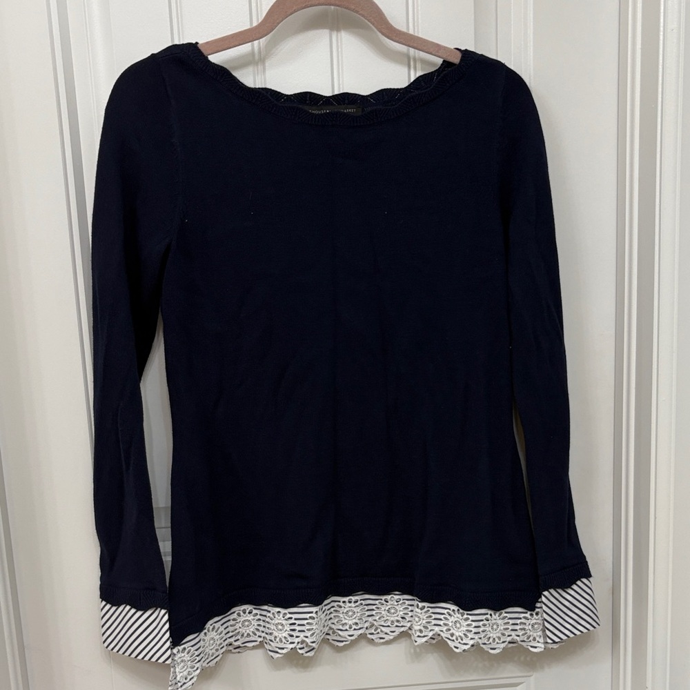 White House Black Market Navy Top with Lace Hem